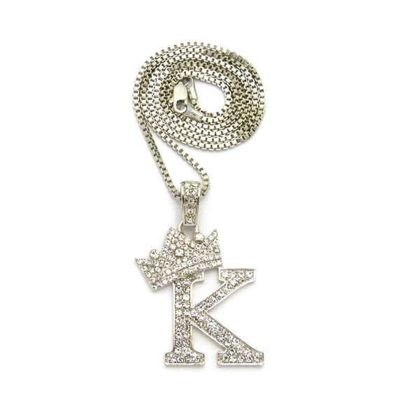 Stone Stud Allover Tilted Crown Initial K Pendant w/ 2mm 24" Box Chain Necklace, Silver-Tone