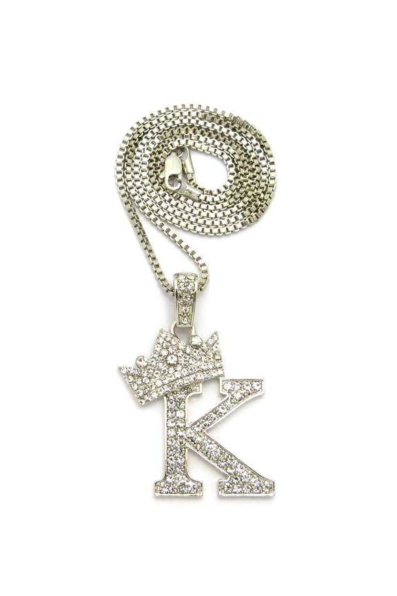 Stone Stud Allover Tilted Crown Initial K Pendant w/ 2mm 24" Box Chain Necklace, Silver-Tone