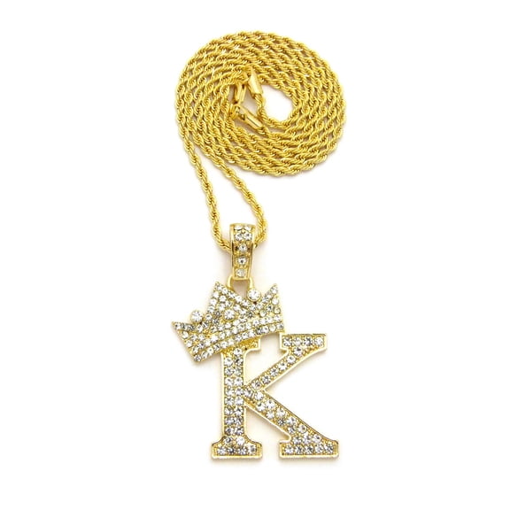 Stone Stud Allover Tilted Crown Initial K Pendant w/ 2mm 24" Rope Chain Necklace, Gold-Tone