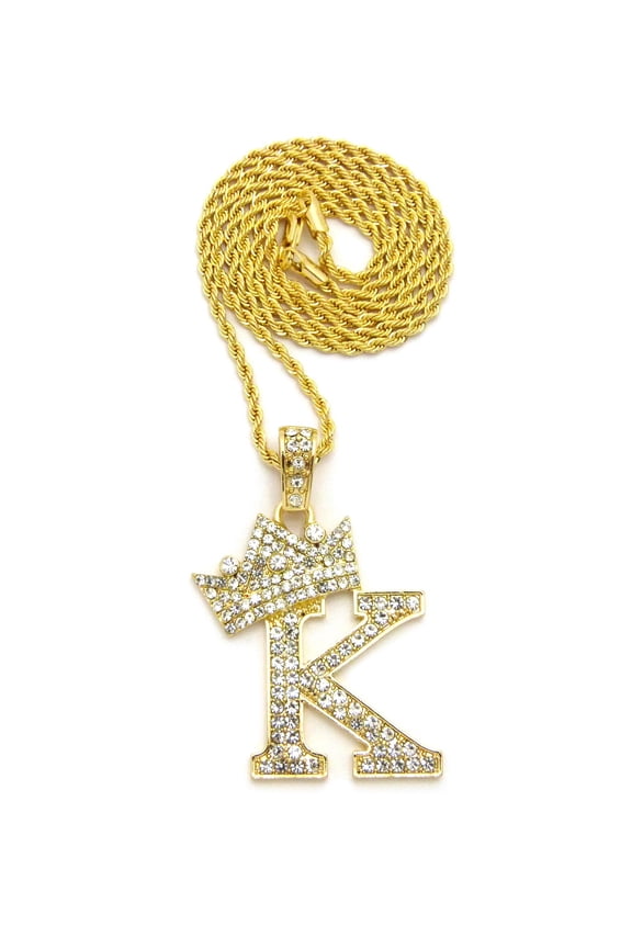 Stone Stud Allover Tilted Crown Initial K Pendant w/ 2mm 24" Rope Chain Necklace, Gold-Tone