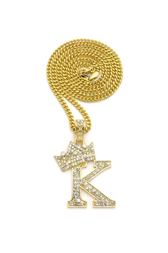 Stone Stud Allover Tilted Crown Initial K Pendant w/ 3mm 24" Cuban Chain Necklace, Gold-Tone