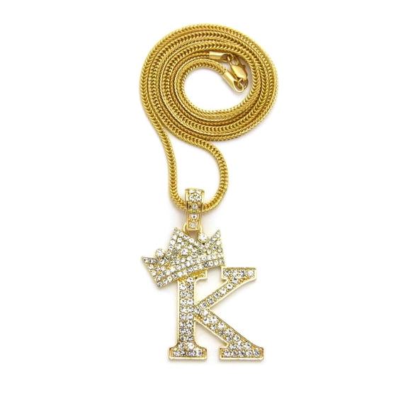 Stone Stud Allover Tilted Crown Initial K Pendant w/ 3mm 24" Fox Chain Necklace, Gold-Tone