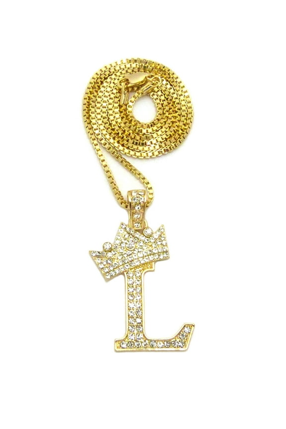 Stone Stud Allover Tilted Crown Initial L Pendant w/ 2mm 24" Box Chain Necklace, Gold-Tone