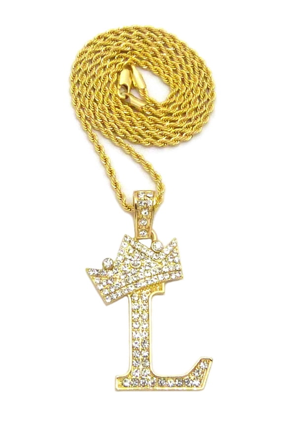 Stone Stud Allover Tilted Crown Initial L Pendant w/ 3mm 18" Rope Chain Necklace, Gold-Tone