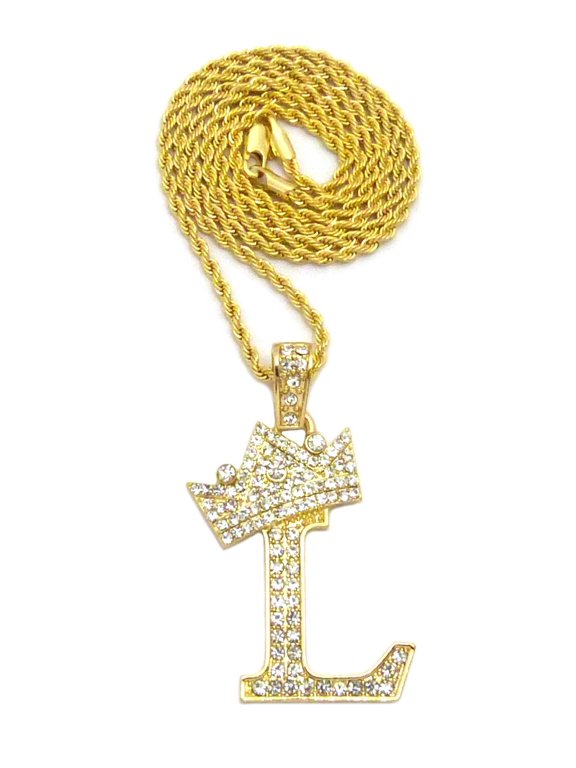Stone Stud Allover Tilted Crown Initial L Pendant w/ 3mm 18" Rope Chain Necklace, Gold-Tone
