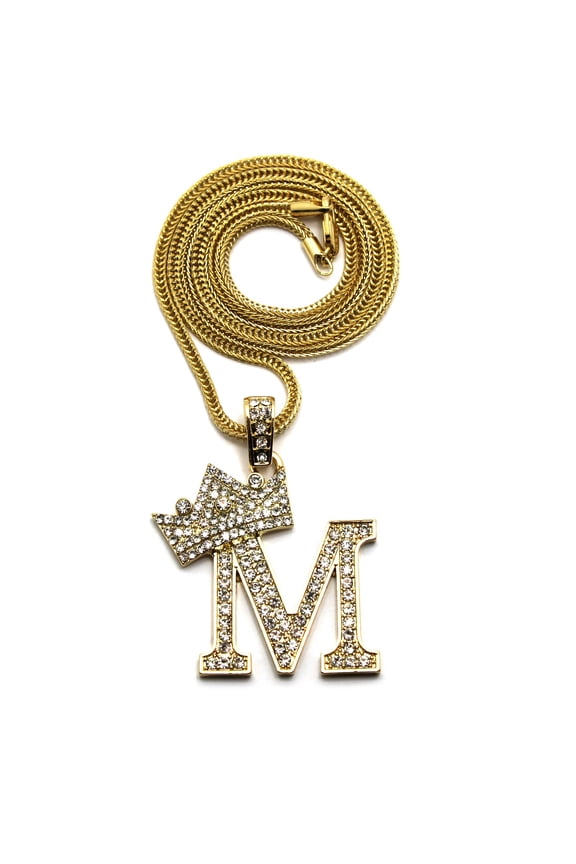 Stone Stud Allover Tilted Crown Initial M Pendant w/ 3mm 24" Fox Chain Necklace, Gold-Tone