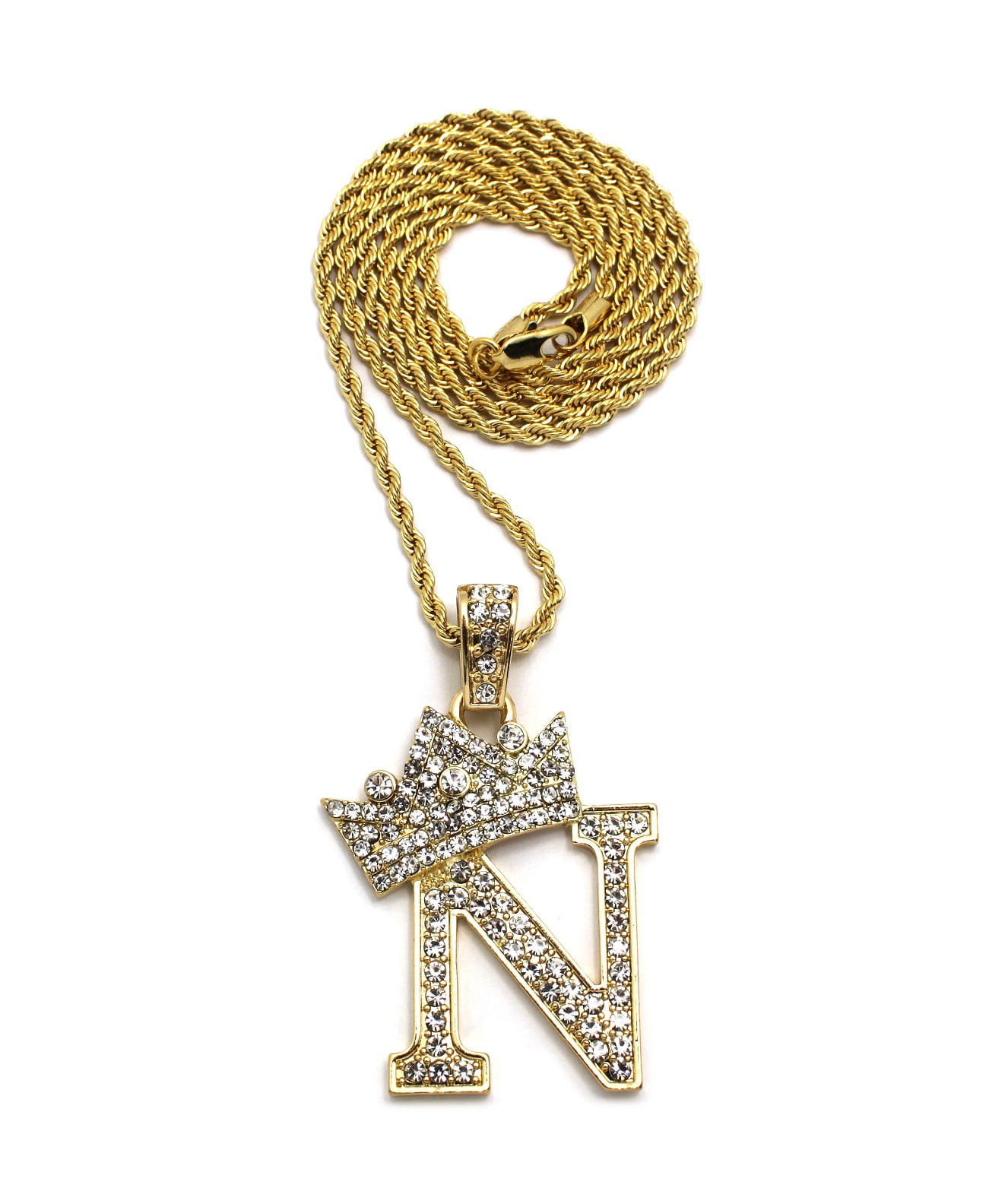 NYFASHION101 Stone Stud Allover Tilted Crown Initial N Pendant w/ 3mm 18" Rope Chain Necklace, Gold-Tone