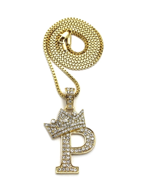 Stone Stud Allover Tilted Crown Initial P Pendant w/ 2mm 24" Box Chain Necklace, Gold-Tone