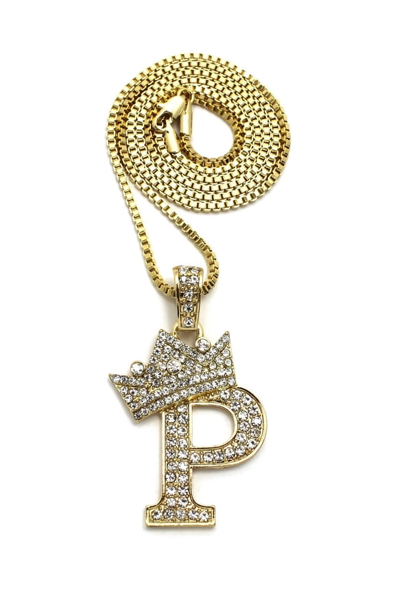Stone Stud Allover Tilted Crown Initial P Pendant w/ 2mm 24" Box Chain Necklace, Gold-Tone
