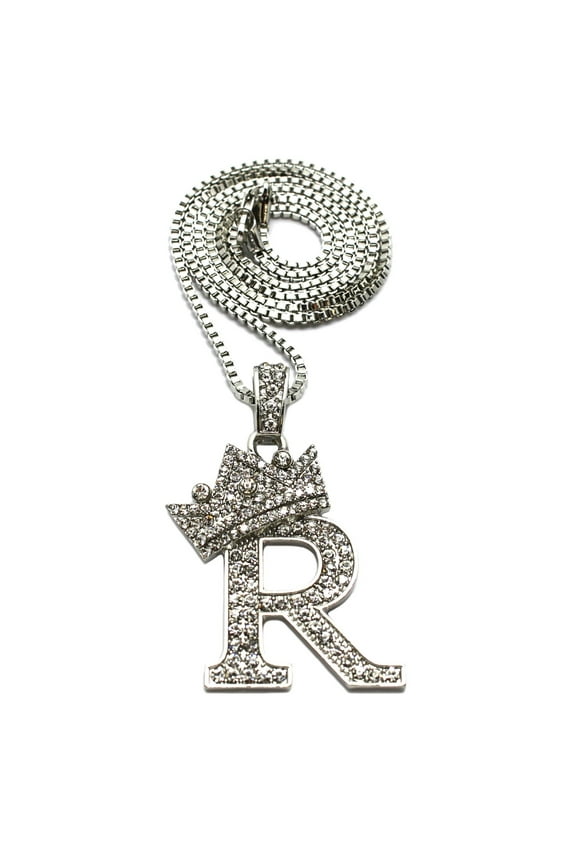 Stone Stud Allover Tilted Crown Initial R Pendant w/ 2mm 24" Box Chain Necklace, Silver-Tone