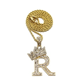 Stone Stud Allover Tilted Crown Initial R Pendant w/ 2mm 24" Rope Chain Necklace, Gold-Tone