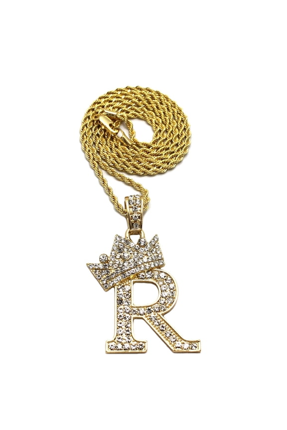 Stone Stud Allover Tilted Crown Initial R Pendant w/ 2mm 24" Rope Chain Necklace, Gold-Tone