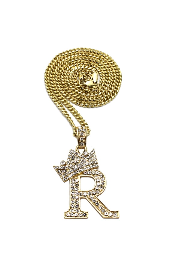 Stone Stud Allover Tilted Crown Initial R Pendant w/ 3mm 24" Cuban Chain Necklace, Gold-Tone