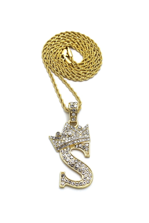 Stone Stud Allover Tilted Crown Initial S Pendant w/ 2mm 24" Rope Chain Necklace, Gold-Tone