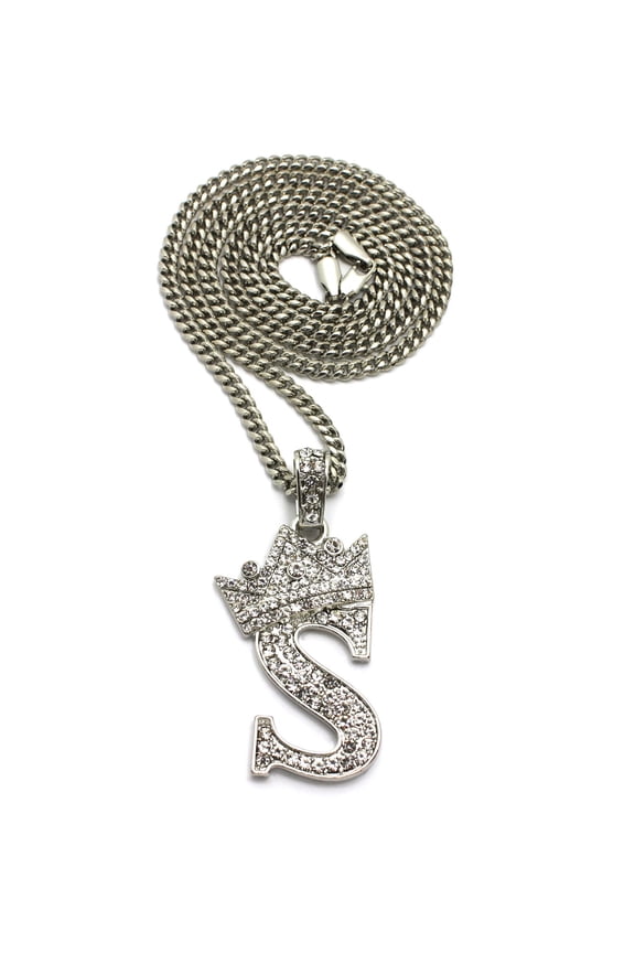 Stone Stud Allover Tilted Crown Initial S Pendant w/ 3mm 24" Cuban Chain Necklace, Silver-Tone