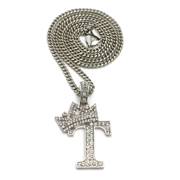 Stone Stud Allover Tilted Crown Initial T Pendant w/ 3mm 24" Cuban Chain Necklace, Silver-Tone