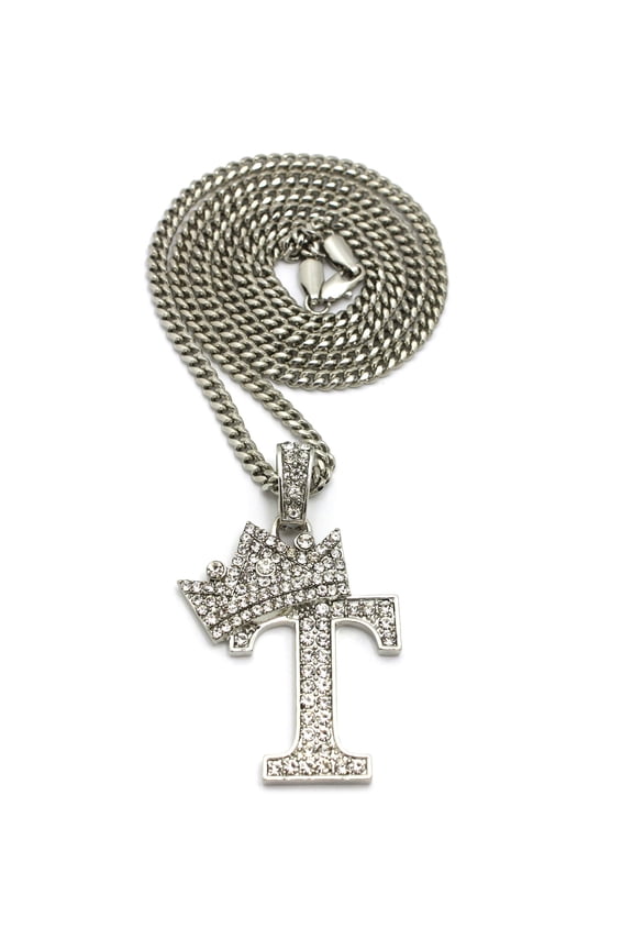 Stone Stud Allover Tilted Crown Initial T Pendant w/ 3mm 24" Cuban Chain Necklace, Silver-Tone