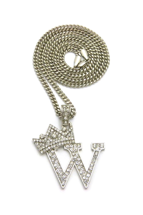 Stone Stud Allover Tilted Crown Initial W Pendant w/ 3mm 24" Cuban Chain Necklace, Silver-Tone