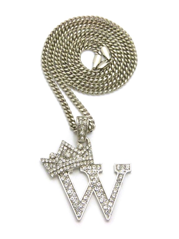 Stone Stud Allover Tilted Crown Initial W Pendant w/ 3mm 24" Cuban Chain Necklace, Silver-Tone