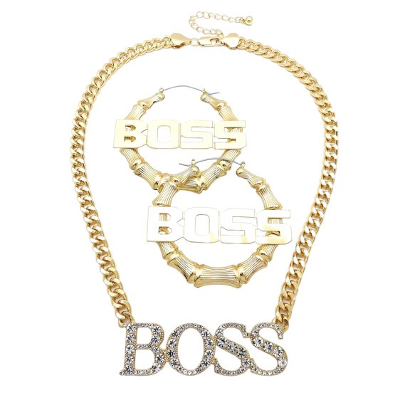 Stone Stud BOSS Pendant Chain Necklace with BOSS Bamboo Style Hoop Earrings Set