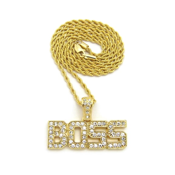 Stone Stud BOSS Pendant with Chain Necklace - 2mm 24" Gold-Tone Rope Chain