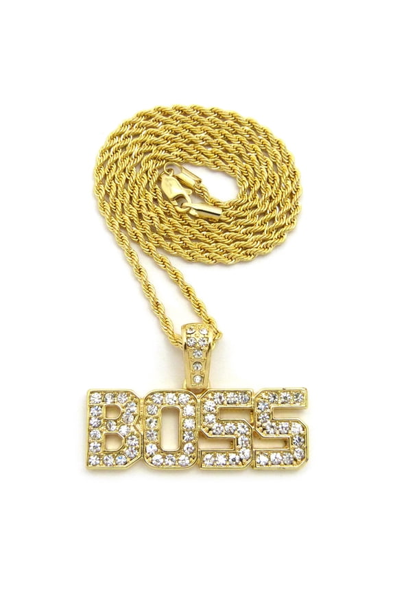 Stone Stud BOSS Pendant with Chain Necklace - 2mm 24" Gold-Tone Rope Chain