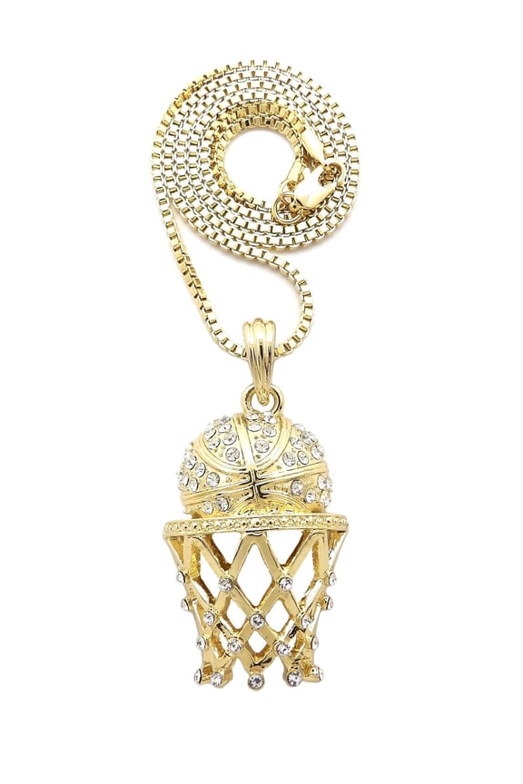 Stone Stud Basketball Goal Net Pendant with 2mm Box Chain Necklace, Gold-Tone/30"