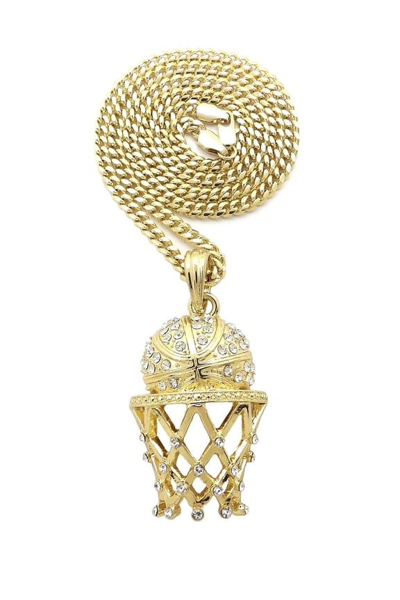 Stone Stud Basketball Goal Net Pendant with 3mm Cuban Chain Necklace, Gold-Tone/20"