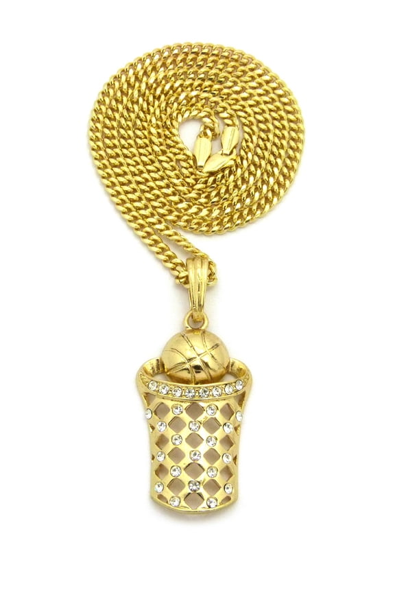Stone Stud Basketball Net Pendant w/3mm 24" Cuban Chain Necklace, Gold-Tone