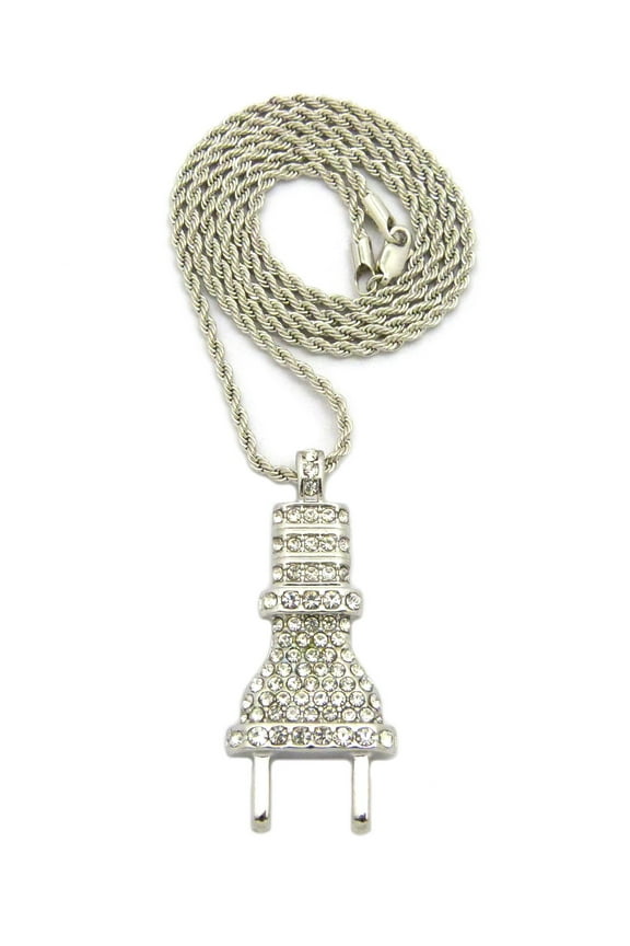 Stone Stud Body Power Plug Pendant with Chain Necklace - 2mm 24" Silver-Tone Rope Chain