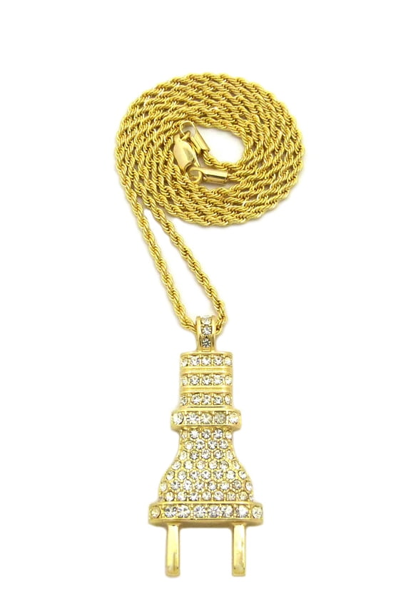 Stone Stud Body Power Plug Pendant with Chain Necklace - 3mm 18" Gold-Tone Rope Chain