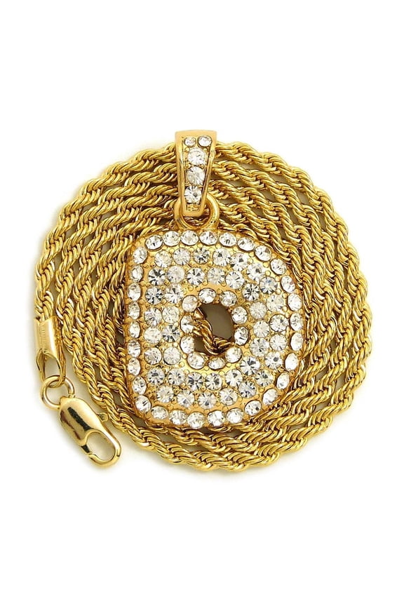 Stone Stud Bubble Letter Initial Pendant with 2mm 24" Rope Chain Necklace, D/Gold-Tone