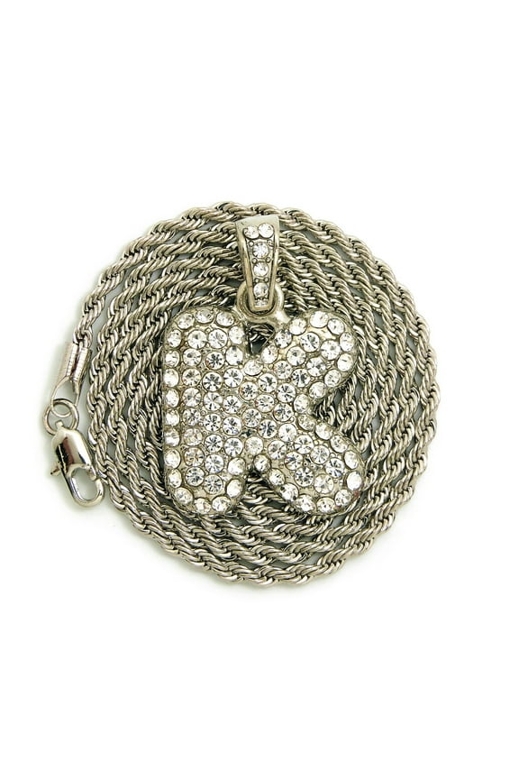 Stone Stud Bubble Letter Initial Pendant with 2mm 24" Rope Chain Necklace, K/Silver-Tone