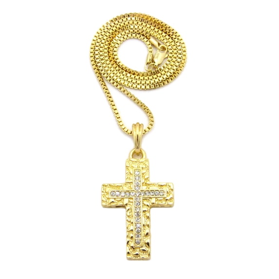 Stone Stud Cross on Nugget Cross Pendant with Chain Necklace - 2mm 24" Gold-Tone Box Chain