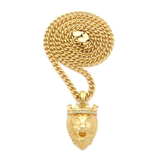 Stone Stud Crown King Lion Head Pendant w/ 5mm 24" Cuban Chain Necklace in Gold-Tone