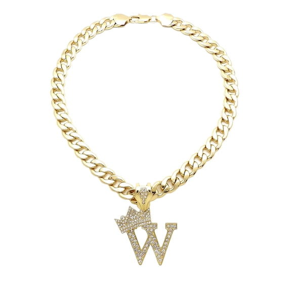 Stone Stud Crowned Initial Pendant with 11mm Cuban Chain Necklace, Letter W/Gold-Tone/24"