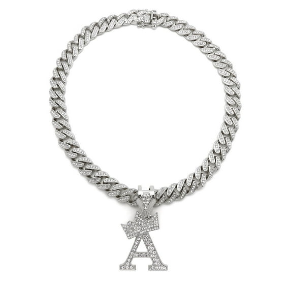Stone Stud Crowned Initial Pendant with 12mm Iced Out Miami Cuban Chain Necklace, Letter A/Silver-Tone/20"