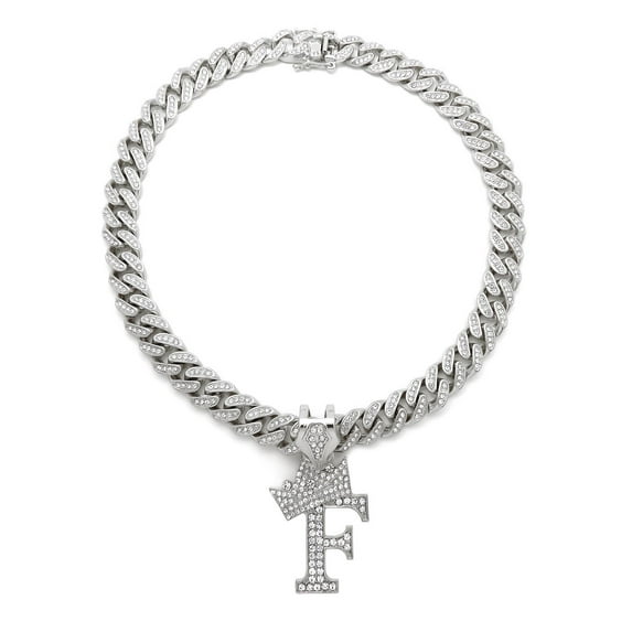 Stone Stud Crowned Initial Pendant with 12mm Iced Out Miami Cuban Chain Necklace, Letter F/Silver-Tone/20"