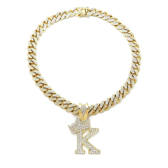 Stone Stud Crowned Initial Pendant with 12mm Iced Out Miami Cuban Chain Necklace, Letter K/Gold-Tone/20"