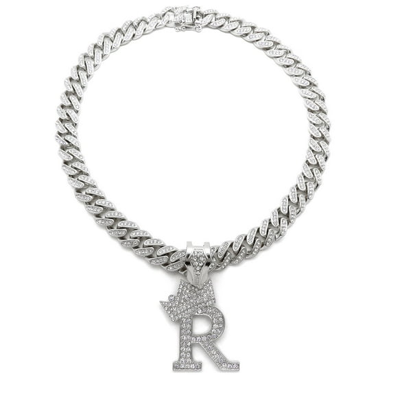 Stone Stud Crowned Initial Pendant with 12mm Iced Out Miami Cuban Chain Necklace, Letter R/Silver-Tone/20"