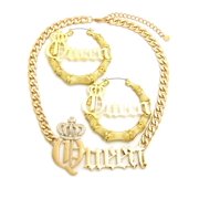 Stone Stud Crowned Queen Pendant Chain Necklace with Bamboo Hoop Pincatch Earrings Jewelry Set, Gold-Tone