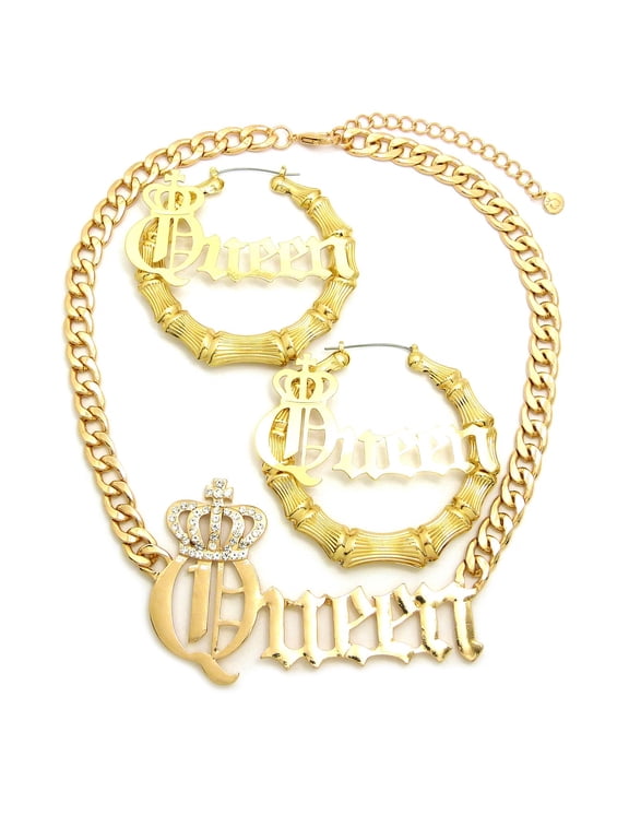 Stone Stud Crowned Queen Pendant Chain Necklace with Bamboo Hoop Pincatch Earrings Jewelry Set, Gold-Tone