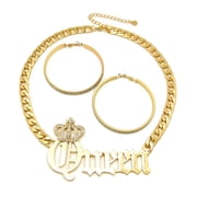 Stone Stud Crowned Queen Pendant Chain Necklace with Rhinestone Hoop Earrings Jewelry Set