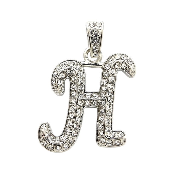Stone Stud Cursive Letter Initial Pendant For Necklace in Silver-Tone, H