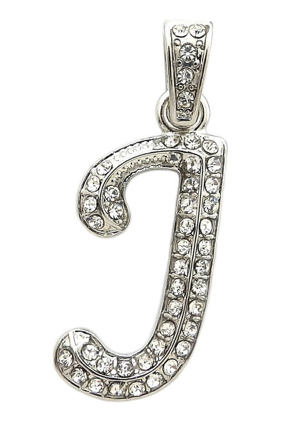 Stone Stud Cursive Letter Initial Pendant For Necklace in Silver-Tone, J