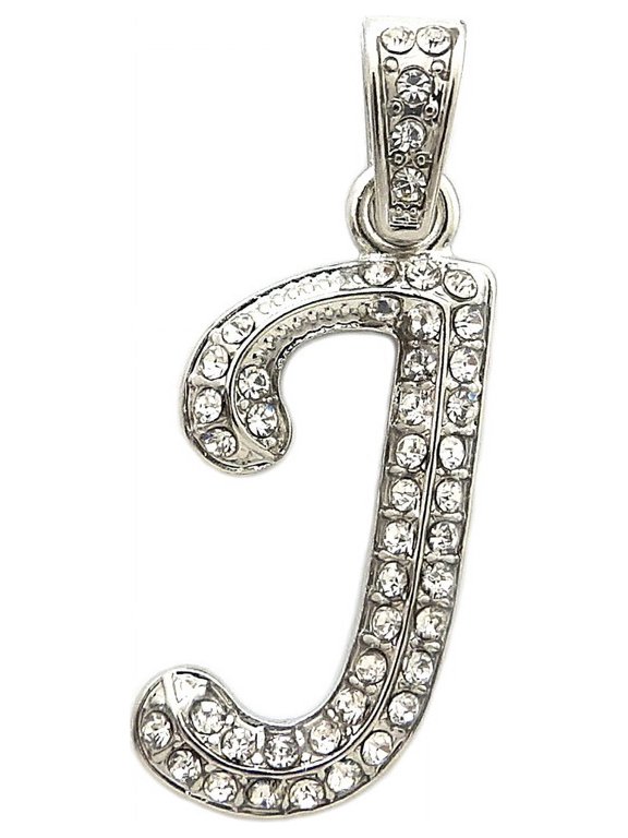 Stone Stud Cursive Letter Initial Pendant For Necklace in Silver-Tone, J