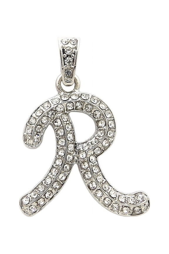 Stone Stud Cursive Letter Initial Pendant For Necklace in Silver-Tone, R