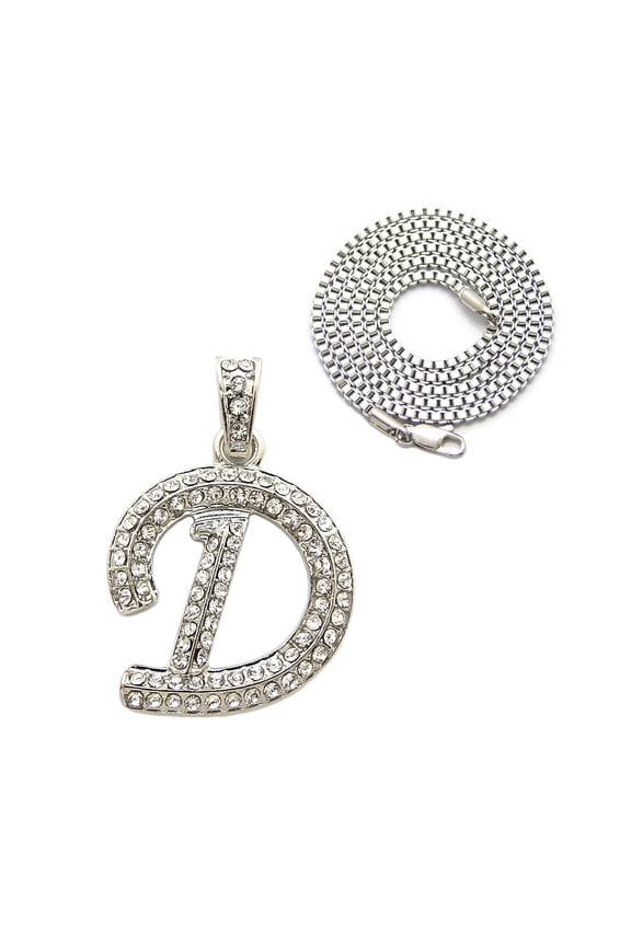 Stone Stud Cursive Letter Initial Pendant with 2mm 24" Box Chain Necklace in Silver-Tone, D
