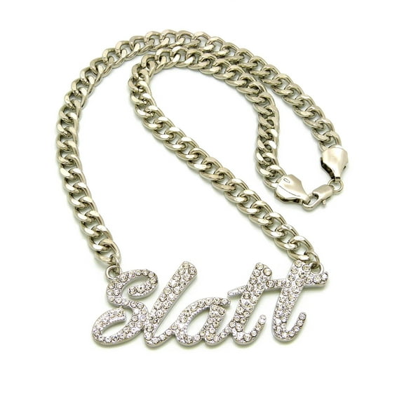 Stone Stud Cursive Script Slatt Pendant 8mm 18" Link Chain Necklace, Silver-Tone