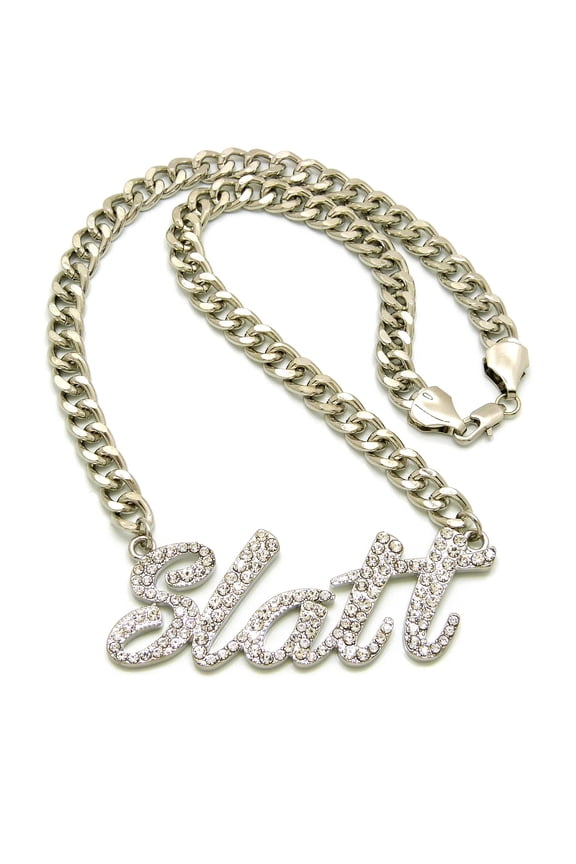 Stone Stud Cursive Script Slatt Pendant 8mm 18" Link Chain Necklace, Silver-Tone